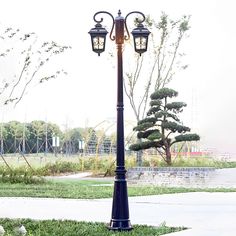 an old fashioned lamp post in the middle of a park