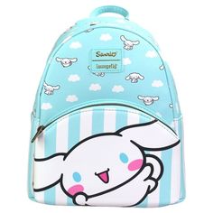 a blue backpack with an image of a bunny on it