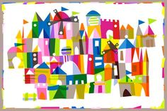 a colorful cityscape with lots of buildings and flags