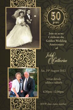 the 50th anniversary party card is decorated with gold and black swirls, which are accented by an ornate frame