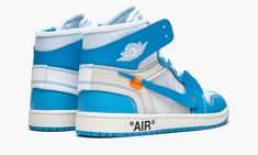 For his third edition of the monumental Off-White x Air Jordan 1, Virgil Abloh focused on the "UNC" colorway of Michael Jordan's first signature shoe.  Released in June 2018, the Off-White x Air Jordan 1 "UNC" features the recognizable white and Carolina blue leather upper.  The colors are complemented by Abloh's deconstructed aesthetic and signature details such as bright orange detailing and a red zip tie.  Like the "Chicago" and all-white colorways before it, the Off-White x Air Jordan 1 "UNC Unc Shoes, Air Jordan 1 Blue, Air Jordan 1 Unc, Jordan 1 Unc, Jordan 1 Blue, Jordan Ones, White Jordans, Exclusive Sneakers, Jordan 1s