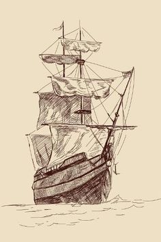 a drawing of a sailing ship in the ocean with sails down and two masts