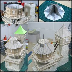 four different views of a building made out of paper