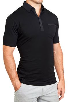 Modern Black Collared Polo Shirt, Black Polo Shirt With Johnny Collar For Work, Modern Black Polo Shirt For Work, Sporty Short Sleeve Polo Shirt For Work, Black Polo Shirt With Seamless Collar For Work, Black Short Sleeve Polo Shirt For Work, Black Cotton Polo Shirt For Business Casual, Polo For Men, Black Polo