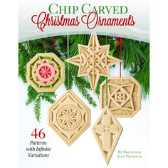 a christmas ornament set with four ornaments hanging from it's sides and the words chip carved christmas ornaments written below