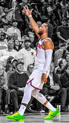 NBA New York Knicks star Jalen Brunson points to the sky after a bucket in the first round of the 2024 NBA playoffs in neon green Nike sneakers Nyc Aesthetic Wallpaper, J Cole And Drake, Odell Beckham Jr Wallpapers, Basketball Wallpapers Hd, Cool Basketball Wallpapers, Nba Artwork, Jalen Brunson, Knicks Basketball, Basketball Background