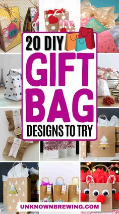 the words 20 diy gift bag designs to try in front of pictures of bags