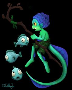 an animated character is sitting on a branch with fish around her and another creature behind him