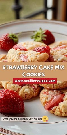 strawberry cake mix cookies on a plate with strawberries