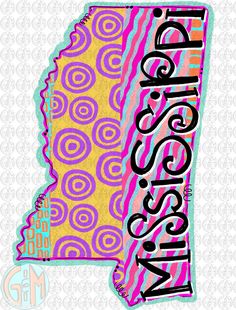 the state of mississippi is shown in pink, yellow and blue with swirls on it