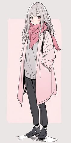 an anime character with long white hair, wearing a pink scarf and black shoes standing in front of a pink background