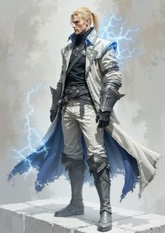 a drawing of a man in armor with lightning coming out of his coat and boots