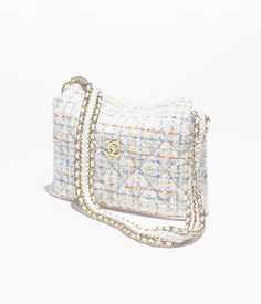 Clutch with chain - Cotton & wool tweed & gold-tone metal, white & multicolor — Fashion | CHANEL Mode Chanel, Fashion Chanel, Chanel Official, Chanel Official Website, Chanel Bags, Cotton Wool, Gold Tone Metal, Luggage Bags, Chanel Bag