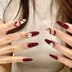 Handmade Flash Custom Wearing Nail Wine Snake New Year's Diamond Nails New Hot Nail Art Babes Nail Nail Art Vermelho, Dragon Nails, Dark Red Nails, Wine Nails, Red Nail Art, Asian Nails, Easy Nails, Korean Nails, Casual Nails