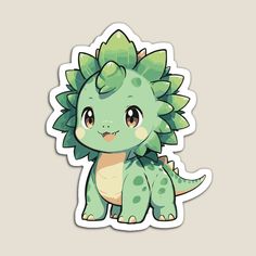 a green sticker with a cute little dinosaur on it's back, sitting in front of a gray background