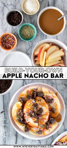 caramel apple nacho pin image Apple Nachos Bar, Butter Caramel Recipe, Nachos Bar, Caramel Apple Nachos, Diy Caramel, Nacho Toppings, Peanut Butter Caramel