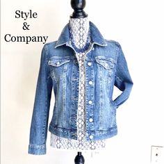 Style & Company Jean Jacket With Bling & Stretch Rear 2 Button Hole Adjustable Waist Faux Rhinestone Buttons 4 Working Pockets Cuffed Sleeves 98% Cotton ... 2% Spandex Eucnever Worn - Everyday Fitted Denim Blue Jacket, Fitted Dark Wash Denim Jacket, Dark Wash Fitted Denim Jacket For Everyday, Fitted Dark Wash Denim Jacket For Everyday, Everyday Fitted Dark Wash Denim Jacket, Everyday Fitted Medium Wash Denim Jacket, Fitted Button-up Denim Jacket For Winter, Fall Denim Jacket Fitted For Everyday, Trendy Fitted Denim Jacket With Snap Buttons