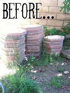 there is a pile of bricks sitting in the grass next to a brick wall that says, before