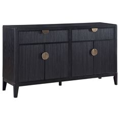 the sideboard is black and has three brass knobs on each door, one with two