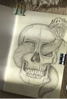 a drawing of a skull with a snake on it