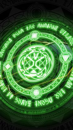 a green neon sign with the words and symbols on it's side, in front of a black background