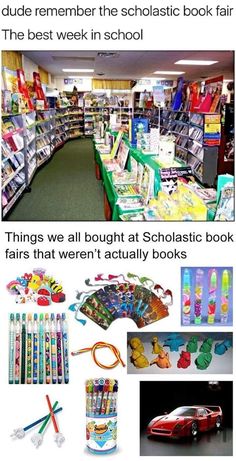 there are many books and toys on the shelves in this store, including pens, pencils