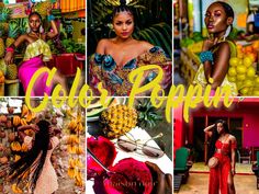 the collage shows different images of women in colorful outfits and fruit on display at an outdoor market