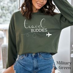 "Get ready to take off with our Girls Trip sweatshirt! Whether you're going on a girls trip, weekend getaway or vacation this travel inspired sweatshirt is perfect for your long flights in comfort. This sweatshirt is made from a soft fabric for comfort, style and warmth. Perfect for layering under your jacket or coat! Great gift idea for all of the gals who love to travel! * Please note that these shirts are unisex size meaning they are not women's fitted shirts. With unisex sizing, these are great for both men and women. For men, order true to size. For women, order true to size or size down by 1 for a more fitted look. * If you are unsure about the size you should order, please refer to the size chart in the pictures.  *All of our shirts are custom printed just for you so we do not accep Relaxed Fit Crew Neck Top For Weekend Getaway, Casual Long Sleeve Tops For Travel, Weekend Getaway Cotton Crew Neck Top, Family Trip Sweatshirts, Casual Winter Vacation Sweatshirt, Casual Crew Neck Sweatshirt For Adventure, Cheap Crew Neck Sweatshirt For Adventure, Travel Sweatshirt, Travel Sweater