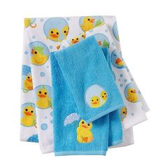 three blue towels with yellow rubber ducks on them, one is folded up and the other has