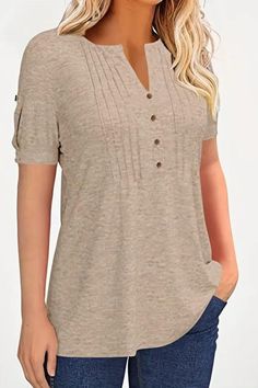 Women's T-shirt Casual Crew Neck Solid Pleated Button Short Sleeve Loose Fashion Summer T-shirt Henley Neckline T-shirt With Button Closure For Summer, Summer Henley Neckline T-shirt With Button Closure, Summer Henley T-shirt With Button Closure, Spring Henley Neckline Top With Buttons, Beige Button-up Solid Color Top, Beige Solid Color Button-up Top, Casual Henley Neckline T-shirt With Buttons, V-neck T-shirt With Button Closure, Summer Henley Neckline T-shirt With Buttons