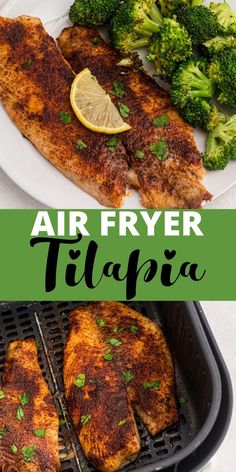 air fryer tila with broccoli and lemon on the side