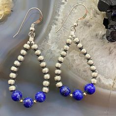 Navajo Pearl Bead 4mm And Lapis Bead 6mm Sterling Silver Dangle Hoop Earrings For Women. Measure 1" X 1 1/2" (Drop 2 1/4") And Weighs 5.5 Grams. (Swer28od37) Artisan Jewelry With Dangle Spacer Beads, Artisan Dangle Jewelry With Spacer Beads, Minimalist Jewelry With Dangling Round Beads, Everyday Teardrop Jewelry With Dangling Beads, Beaded Earrings Diy, Dangle Hoop Earrings, Earrings Diy, Beaded Dangles, Diy Earrings