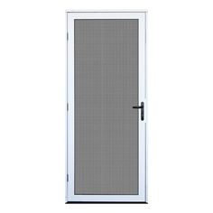 an aluminum screen door with white frame and black handle on the bottom half of it