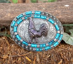 Metal hand engraved belt buckle with turquoise measures 3 1/2  x 4" Western Turquoise, Cowboy Western, Metal Hand, Suspender Belt, Hand Engraving, Western Cowboy, Belt Buckle, Belt Buckles, Rooster