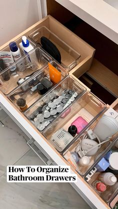 an organized bathroom drawer is shown with the words how to organize bathroom drawers