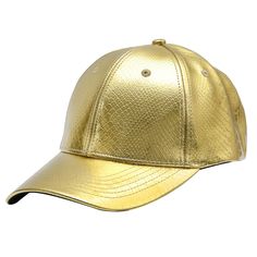 a gold baseball cap with an embossed pattern on the front and side panels