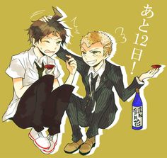 two anime characters sitting next to each other holding wine glasses and an object in their hand