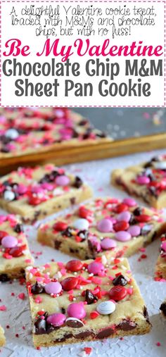 valentine's day chocolate chip m & m sheet pan cookie with pink and white sprinkles