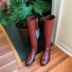 Never Worn, Brand New Cognac Leather-lined Boots For Fall, Fall Cognac Boots With Leather Lining, Cognac Leather-sole Boots For Fall, Cognac Leather Sole Boots For Fall, Cognac Boots With Leather Sole For Fall, Brown Flat Heel Boots For Office, Brown Round Toe Office Boots, Flat Heel Boots For Office In Fall, Flat Heel Office Boots For Fall