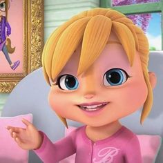 a cartoon character with blonde hair and blue eyes holding a pink object in her hand