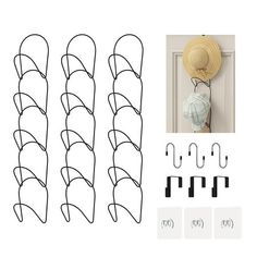 a set of four hooks and two hats hang on the wall next to each other