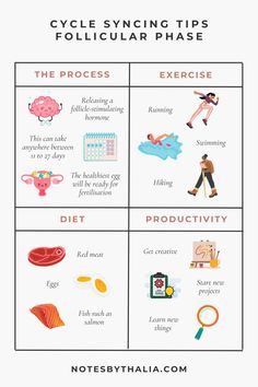 Learn the cycle syncing tips on follicular phase that includes the process, exercise, diet and productivity  in a 4x4 table infographic with small cute graphics Cycle Syncing Follicular Phase, Period Self Care, Healthy Period