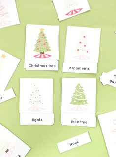 christmas cards with different types of trees on them and the words'christmas tree'written in small letters