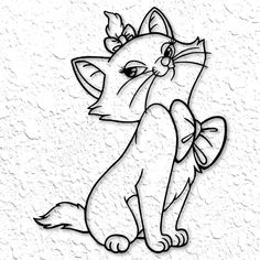 a black and white drawing of a cat sitting on top of a wall with a bow