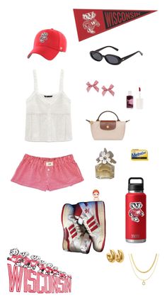 the contents of a woman's outfit including shoes, sunglasses and other items