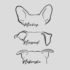 three drawings of animals with names on their backs and the words mickey, mermaid, weenies