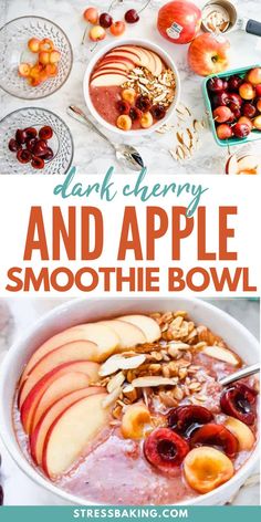 an apple smoothie bowl with cherries and almonds in it, on top of a table