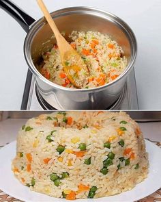 there are two pictures one has rice and the other has vegetables