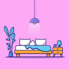 a bedroom scene with a bed, nightstand and lamp on the pink wall behind it