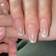 French Tip Nail Extensions, Nail Art Designs Shimmer, Cat Eye Polish French Tip, Short Cateye Nail, Cat Eye On Natural Nails, Shimmer French Manicure, Magnet Nails French, Half Cat Eye Nails, Cat Eye With French Tip Nails